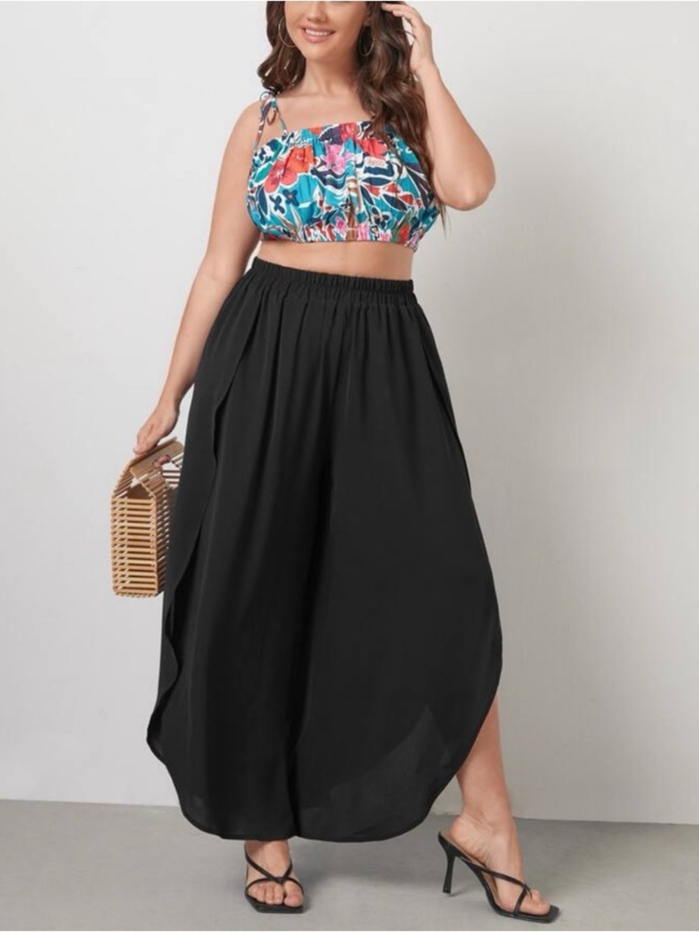 Elastic-Waist Black Split Wide-Leg Pants - Picture 3 of 5